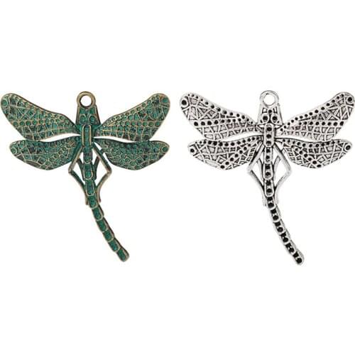 10 x Tibetan Silver/Verdigris Large Dragonfly Charms Insect Pendants for Necklace Jewelry Making Findings 55x50mm