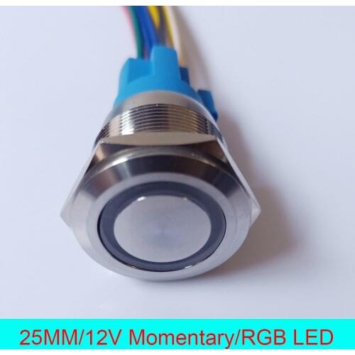 25mm Stainless Steel Momentary 12V Ring RGB Three LED Illuminated Hotel Door Metal Push Button Switch with 15cm wire connector