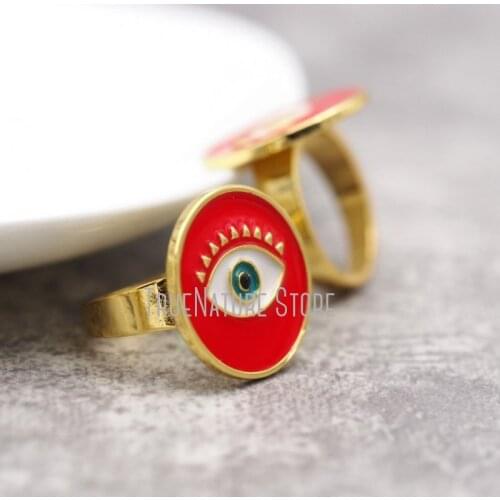 5Pcs RM28448 Copper Jewelry Adjustable Gold Plated Rings Red Gold Plated Enamel Round Shape Ring