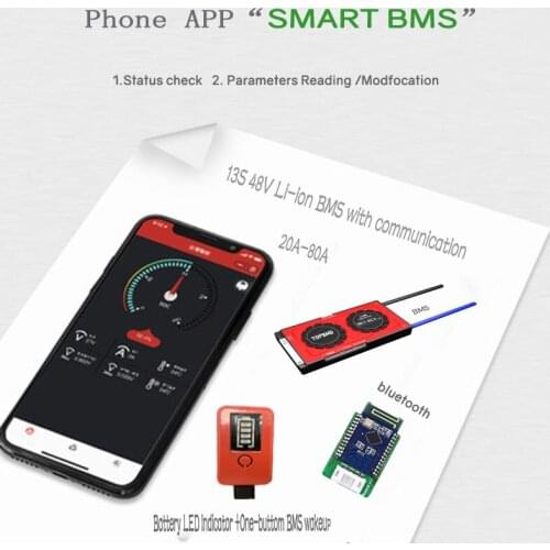 13S 48V BMS 20A-80A balance Bluetooth phone APP RS485 CAN NTC UART display for Lithium Batteries 3.6V3.7V connected in 13 series