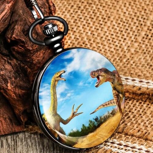 Blue Sky White Clouds With Two Dinosaur Pattern Boy Portable Watch Practical Thick Chain Quartz Pocket Watch Girl New Year Gift
