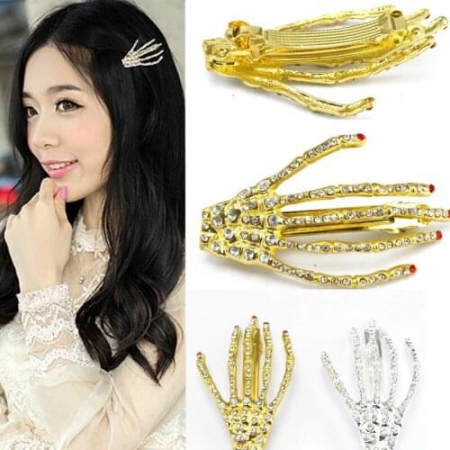 Skull Skeleton Band Bone Claw Hairpins Gold Metal Rhinestone Chic Hairgrips Jewelry Hair Clip Headpiece Headwear Hair Accessory