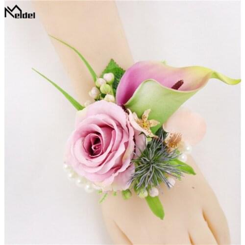 Meldel Groomsmen Wedding Boutonniere PU Calla Lily Artificial Silk Rose Flower Mens Suit Brooch Corsage Party Prom Accessories