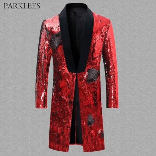 Mens Red Embellished Sequin Blazer Glittle Long Mens Blazer Suit Jacket Shawl Collar Stage Party Singer DJ Club Costume Homme