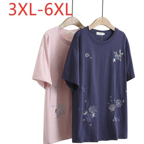 New 2021 Ladies Summer Plus Size Tops For Women Large Short Sleeve Loose Blue Floral Embroidery Cotton T-Shirt 3XL 4XL 5XL 6XL