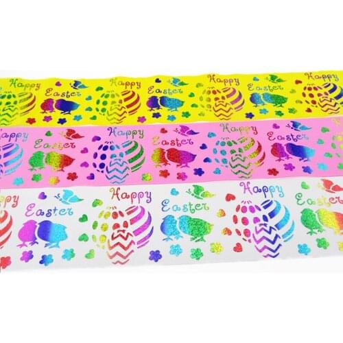 Wholesale 100Y/lot 75mm 3" holographic rainbow foil happy Easter Chick Eg polyester grosgrain ribbon welcome custom order