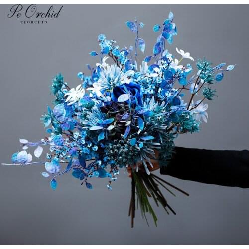 PEORCHID 2021 Vintage Blue Bridal Bouquet Artificial Wedding flowers Rose Hand Bouquet Customized Luxurious Bruidsboeket