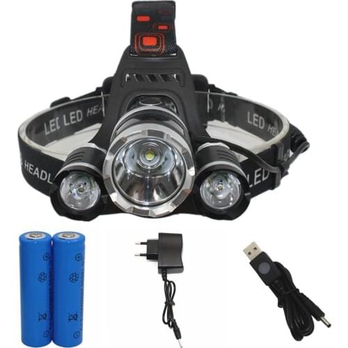 T6 +2 XPE Rechargeable Headlamp LED Headlight Head Lighting Flashlight Lantern Fishing Hunting Light +18650 Battery+ USB Charger