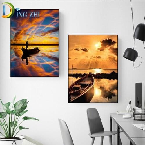 Landscape Sunset 5D Diy Diamond Painting Raft And Wooden Walkway Diamond Embroidery Wall Sticker Mosaic Full Square/Round Drill