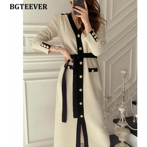 BGTEEVER Chic V-neck Knitted Women Dress 2021 Autumn Knit Vestidos Full Sleeve Single-breasted Lace-up Slim Female Sweater Dress
