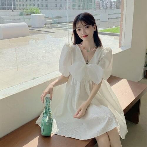Dress French Bowknot White Short-sleeved Dress Female Summer New Style Skirt Korean Style Waist Slim Short Skirt