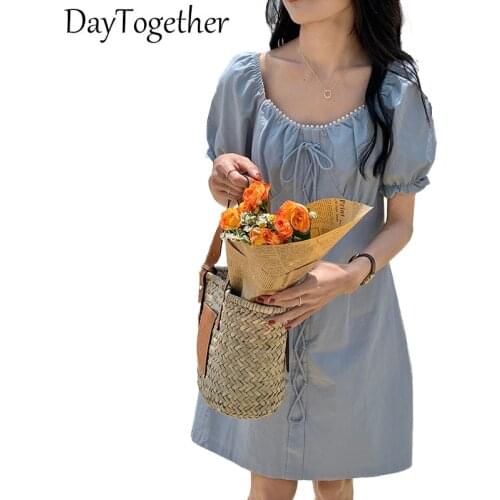 Summer Womans Dress Pure Color Short Sleeve Tall Waist Bandage Casual Females Skrit Color White Blue