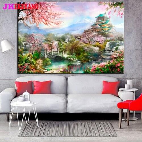 Full Square Round Diamond Embroidery DIY Diamond Painting Cherry blossom and palace Cross Stitch kit mosaic Y4559