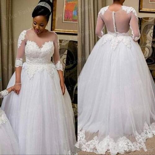 Plus Size African Wedding Gowns with Half Sleeve 2021 Lace Applique Sheer O-neck A-line Church Garden Wedding Dresses