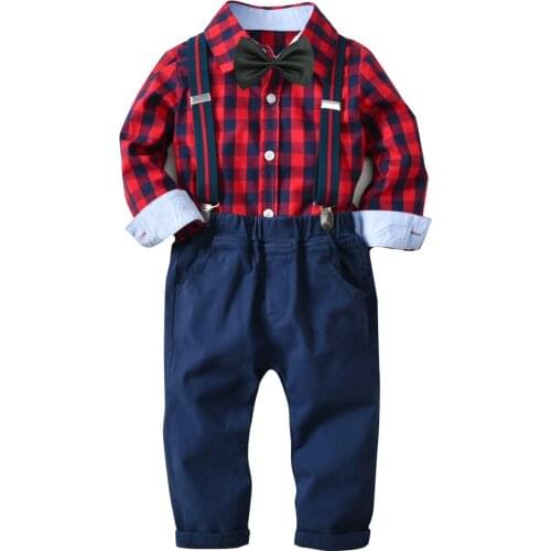 Boys 1-8 Y Spring Autumn Plaid Shirt & Elastic Long Bib Pant & Bow Tie Kids Clothing Sets Cotton Fashion Gentleman Shirt Suits