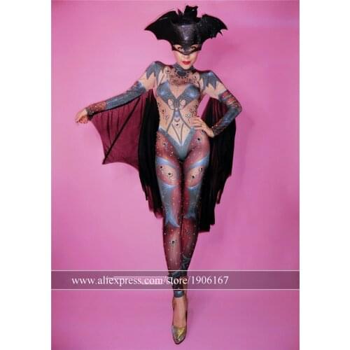 Stage Performance DS DJ Outfits Ballroom Costume Dance Suit Halloween Bat Body Suit Cosplay Clothes Bat Headdress
