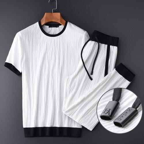 21C Summer Thin Men Sets (t-shirt+pants) Luxury Wrinkle Fabric Casual Sport Mens Sets Plus Size 4xl Contrast Color Man Sets