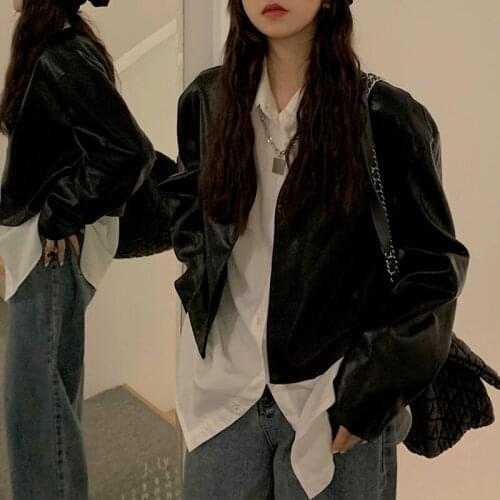 Cropped Leather Jacket Women Korean Black Y2K Streetwear Leather Moto Jacket 2021 Autumn Chic Loose Casual Highstreet Short Coat