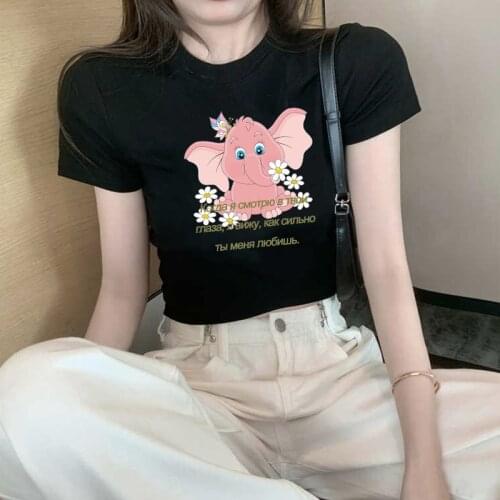 Womens Short Sleeve Cute Pink Elephant Printing Kawaii Summer O-neck T-shirts Y2k Harajuku Streetwear Blak Crop Tops Clothing