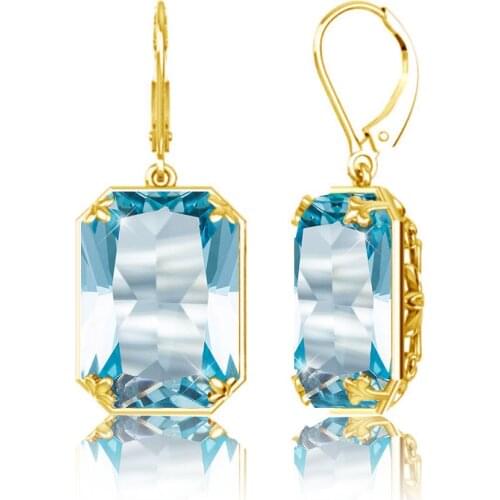 Szjinao Gold Earrings For Women Long Aquamarine Earrings Real 925 Sterling Silver Rectangle Luxury Famous Brand Jewelry 2020 Hot