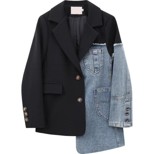 Women Vintage Fashion Blazer Denim Patchwork Jackets 2020 Autumn Winter Irregular Coat Women Long Sleeve Loose Korean Outerwear