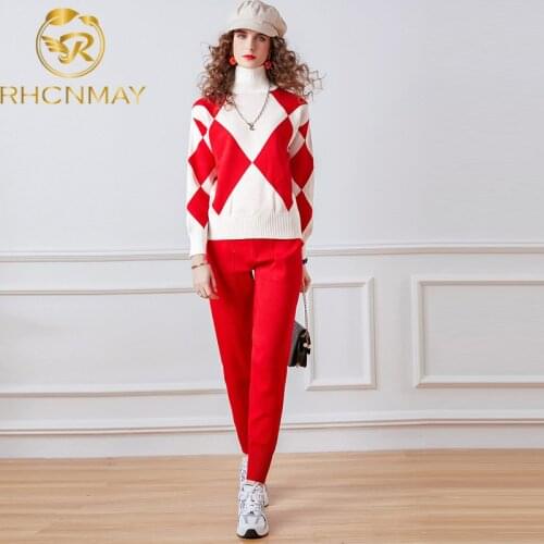 2020 Womens Long Sleeve Geometric grid Knitted Top And Solid color Pants Set Autumn and winter Clothes Knitted Two Piece Set