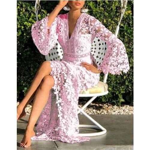 2021 Autumn Spring Women Sheath Maxi Long Dress White Blue Yellow Blushing Pink Long Sleeve Solid Color Embroidered Lace V Neck