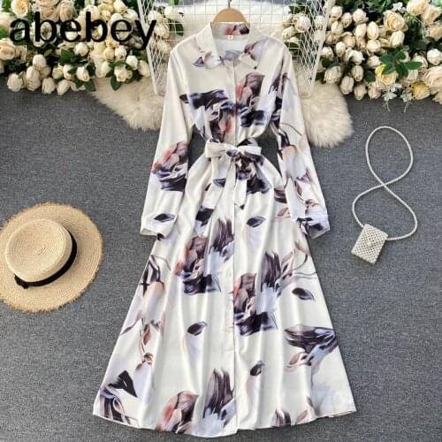Women Elegant Print Maxi Dress Korean Retro Turndown-Collar Button A-line Dress Spring Boho Casual Vacation Long Dress