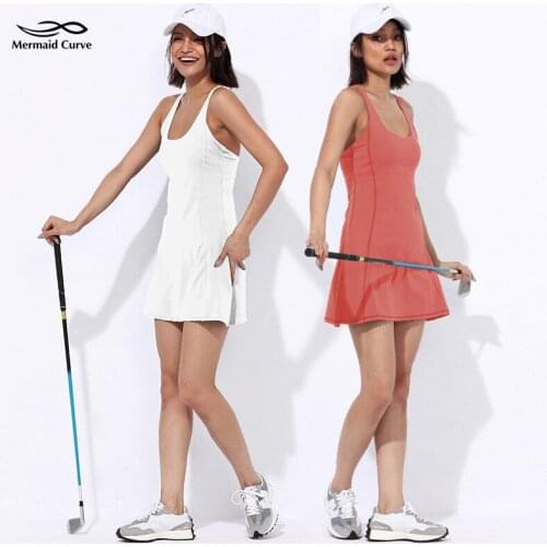 Mermaid Curve Summer New Nude Yoga Set Women Sports Tennis Culottes 2-Piece Anti-Lighting Badminton Fitness Dress With Chest Pad
