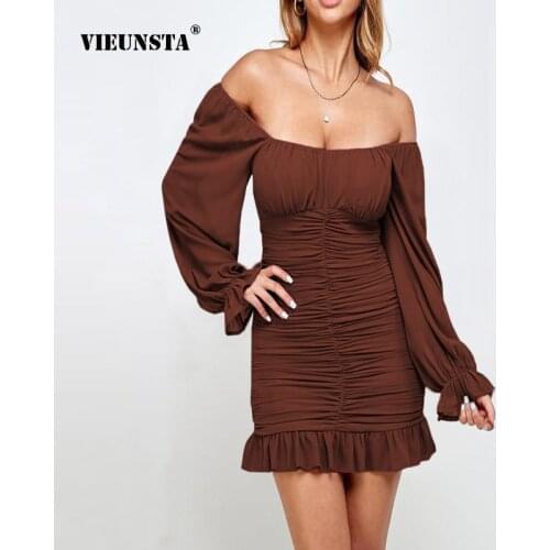 Sexy Square Collar Strapless Dress Womens Grace Long Sleeve Ruffle Folds Hip Skirt Fashion Prom Dresses Autumn Clothes Vestido