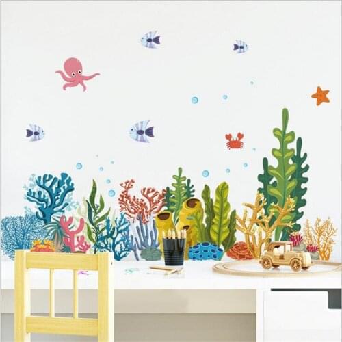 1Pcs Watercolor Submarine Coral Fish Wall Stickers For Kid Bedroom Porch Home Beautification Decorative Self-Adhesive 30*90cm