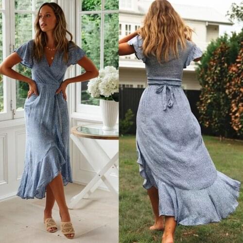 2020 European and American bohemian holiday style small floral bandage waist one-piece wrap mid-length dress