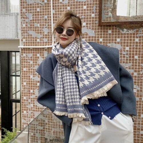 2021 knitted warm scarf for woman, winter houndstooth plaid thickened imitation cashmere shawl long scarf scarves for women