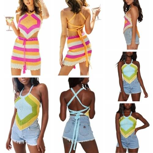 2021Y2K Women’s Fashion Contrast Color Knitted Camisole Trendy Sexy Bandage Backless Exposed Navel Suspender Tops Tank