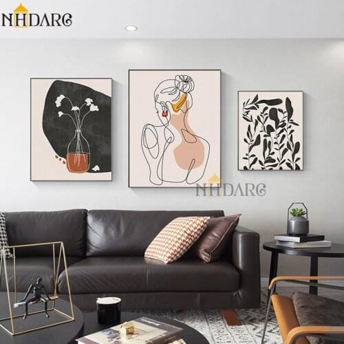 Abstract Lines Morandi Brown Style Canvas Print Painting Poster Pictures Girl Plant Flower Home Decoration Wall Art