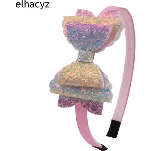 1PC Glitter Sequin Bows With Boutique Solid Ribbon Covered Plastic Headband Children Girls Hairband Headwear Hair Accessories