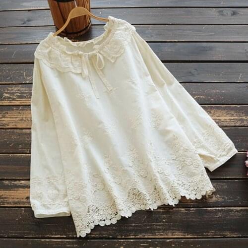 Spring Autumn Ruffled Collar White Beige Gauze Embroidery Blouses Women Casual Sweet Loose Cotton Long Sleeve Blouse Tops U672