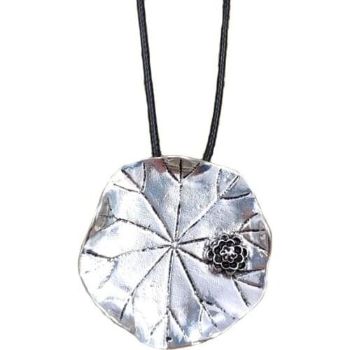 Retro Long Necklace Metal Lotus Leaf Pendant Literary Style National Style Concise Adjustable Waxed Rope Women Gift AH001-004