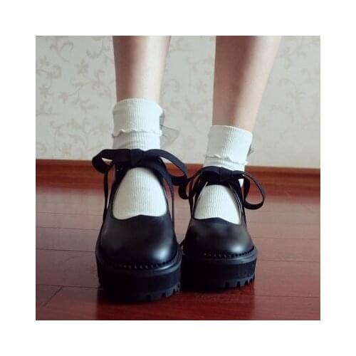 Black JK uniform Girls love tie bow single shoes Yuansu thick bottom muffin round head shoes