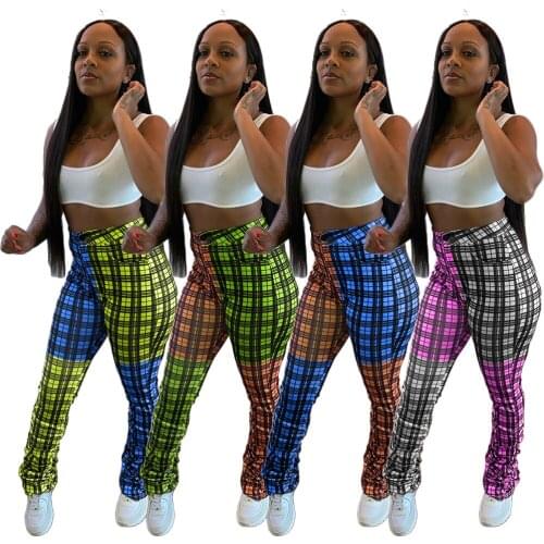 Echoine Women Casual Plaid Patchwork Pants Leggings High Waist Stacked Trousers Streetwear Sexy Cozy Party joggers Sweatpants