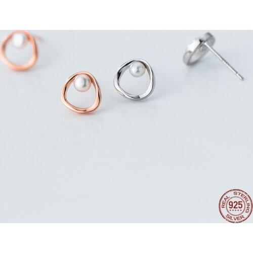 LKO 925 Sterling Silver Jewelry Women Fashion Geometry Round Pearl Stud Earrings For Women Bride Wedding Statement Jewelry