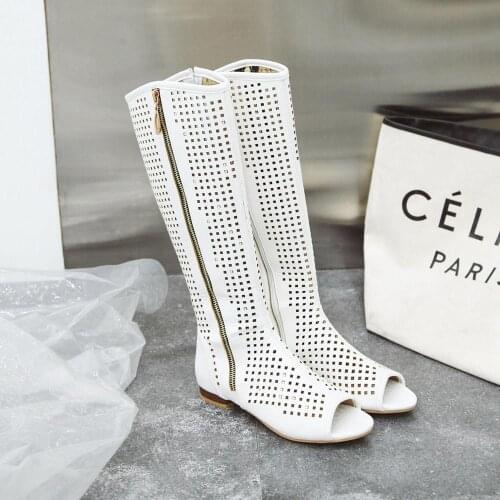 Fashion Women Flats Knee High Summer Boots Peep Toe Square Heels Fretwork Party Shoes Retro rome Sexy Women Footwear Size 34-43