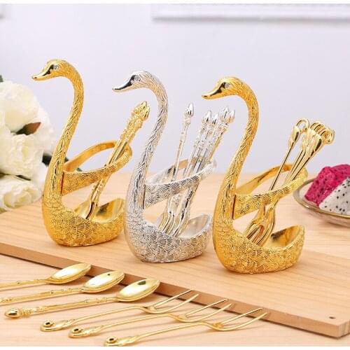 7 pieces of swan fruit base tray fork set creative stainless steel salad dessert fork fashion coffee spoon cake fork cutlery