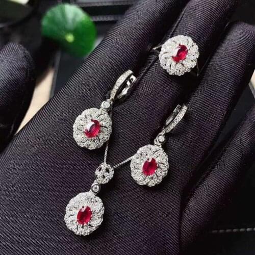 Real Natural Ruby jewelry set Natural Real Ruby 925 sterling silver 1pc pendant,1pc ring,2pcs Earring