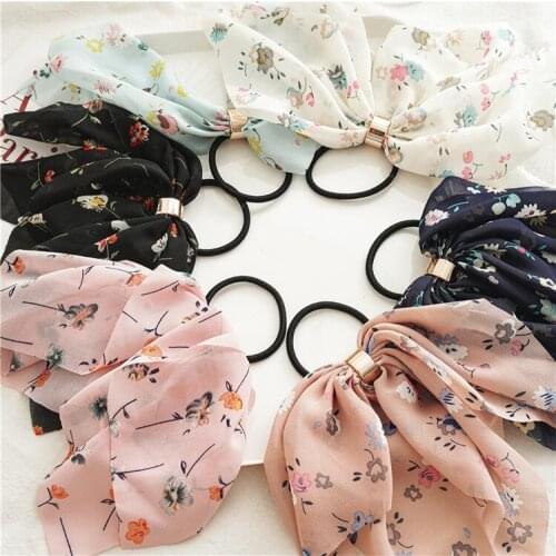 New spring and summer floral chiffon buckle bowknot fabric knotted hair rope womens ponytail rubber band headdress