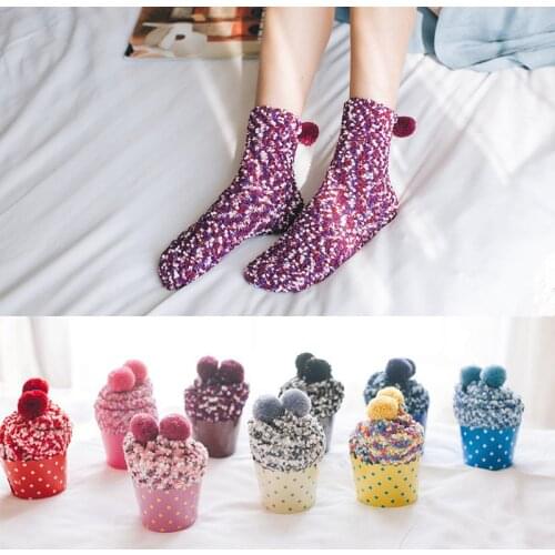 Autumn and Winter Warm Coral Fleece Floor Socks Candy Color Womens Socks Casual Home Sleeping Floor Cake Socks Color Socks