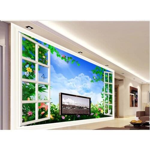 Custom photo wallpapers 3d murals wallpaper for walls Blue sky, white clouds, flowers 3D window, living room, TV background wall