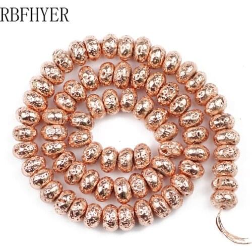 RBFHYER Lava Stone plating Rose Gold Natural Flat Round beads Loose Bead DIY Necklace bracelets for Jewelry making 6/8/10MM 15