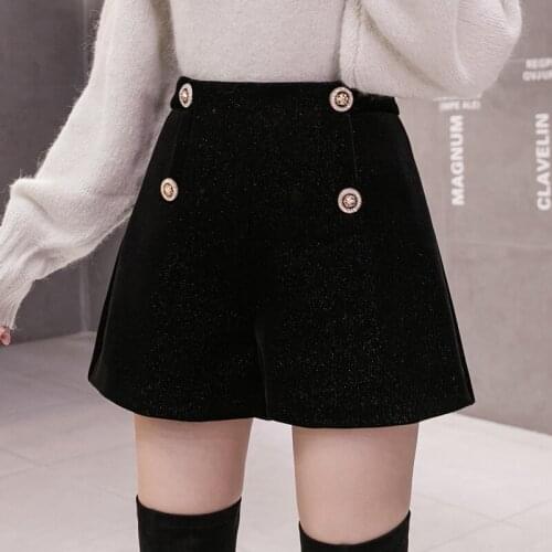 Black Velvet Shorts Women High Waist A-Line Wide Leg Femme Shorts Autumn Winter Lady Elegant Short Pants shorts feminino