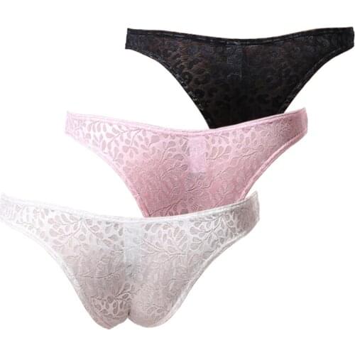 3Pcs/lot Sexy Men Underwear Lace Tanga Transparent Gay Underwear Penis Pouch Briefs Bikini Gay Underpant Lingerie String